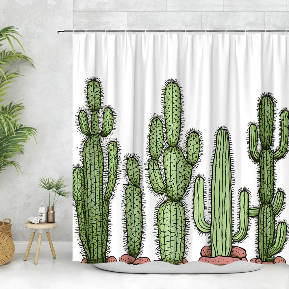 Cactus Shower Curtain, Tropical Plant Flower Desert Greenery Greenery Watercolor Succulent Farm Polyester Fabric Bathroom Deco