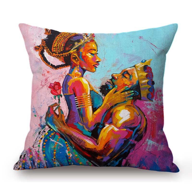 Exotic African Art Black Queen And King Oil Painting Cotton Linen Decoration Art Sofa Throw Pillow Case Car Seat Cushion Cover