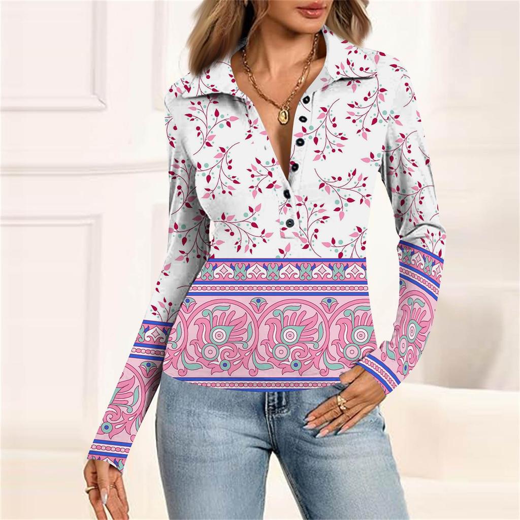 Women's Fashion Casual Printed V-Neck Long Sleeve Button-Down Top