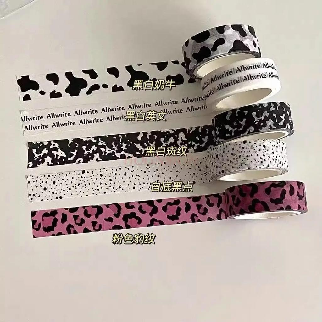5rolls Minimalist and paper tape, black and white cow hand account photo decoration sticker, leopard print dot stickers