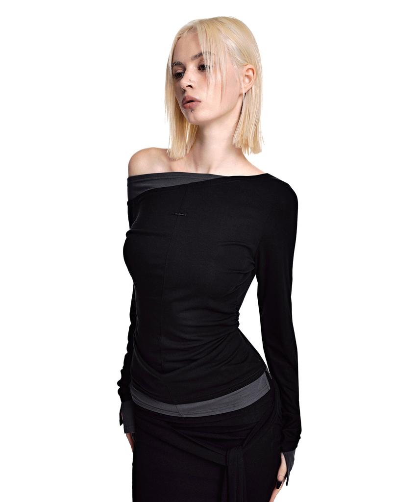 SECONDMONO Slim Fit Layered Off-Shoulder Top [Black]_Sewts039Black