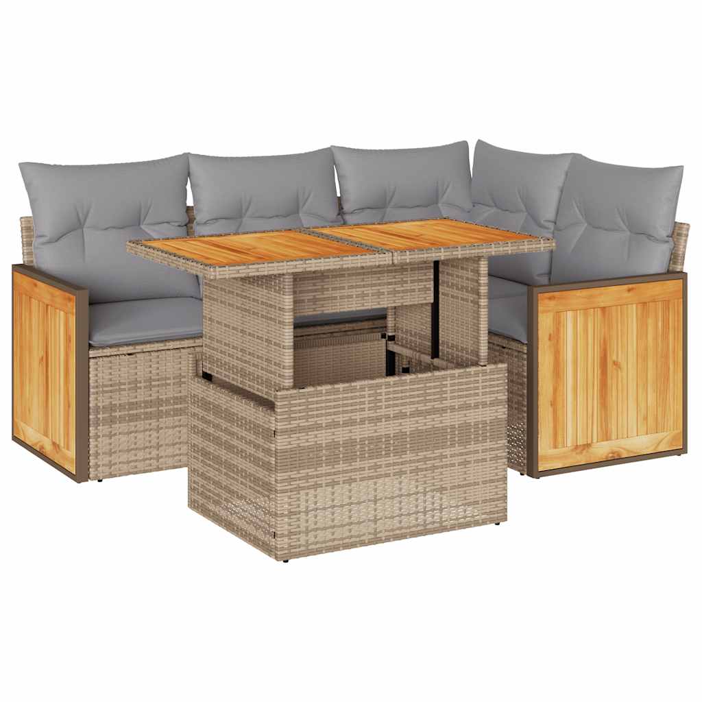 5 Piece Garden Sofa Set with Cushions Beige Poly Rattan & Acacia