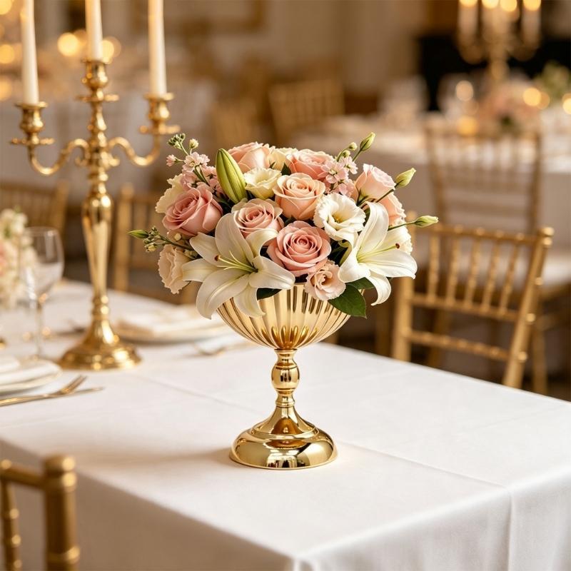 Wedding Table Flower Urn Vase, Metal Pedestal Design Compote Bowl Vase for Freshing Flowers, Artificial Flower, Dried Arrangements, Decorative Branch