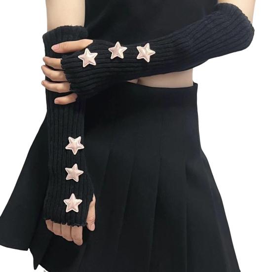 Knitted Arm Warmers Girls Fingerless Long Wrist Gloves Winter Star Arm Sleeves with Thumb Hole for Women Street Wear Parties