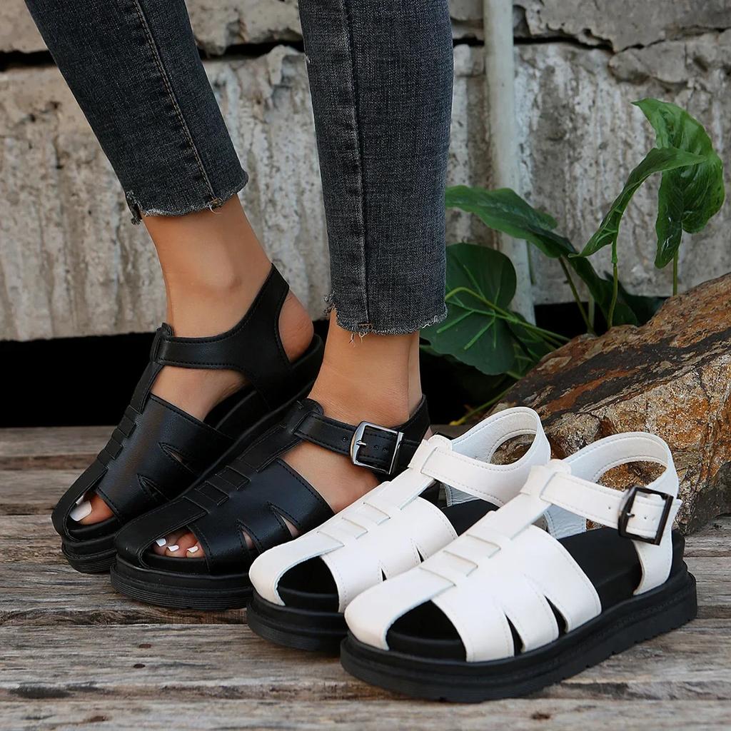 Platform Roman Sandalias Women Round Toe Hollow Out Casual Summer Shoes Flat Bottom Baotou Weave Sandales Female Black Footwear