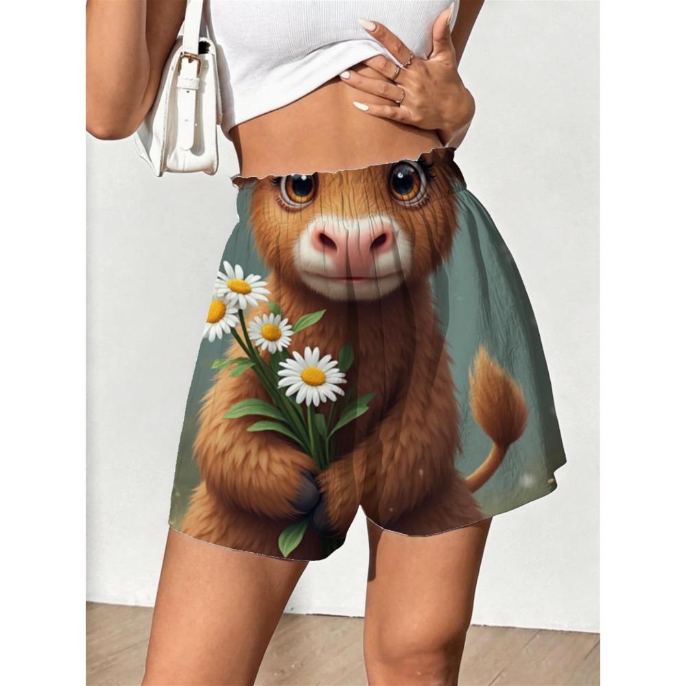 Summer Casual Loose Fit Women S Shorts with Whimsical Highland Cow And Daisy Print S