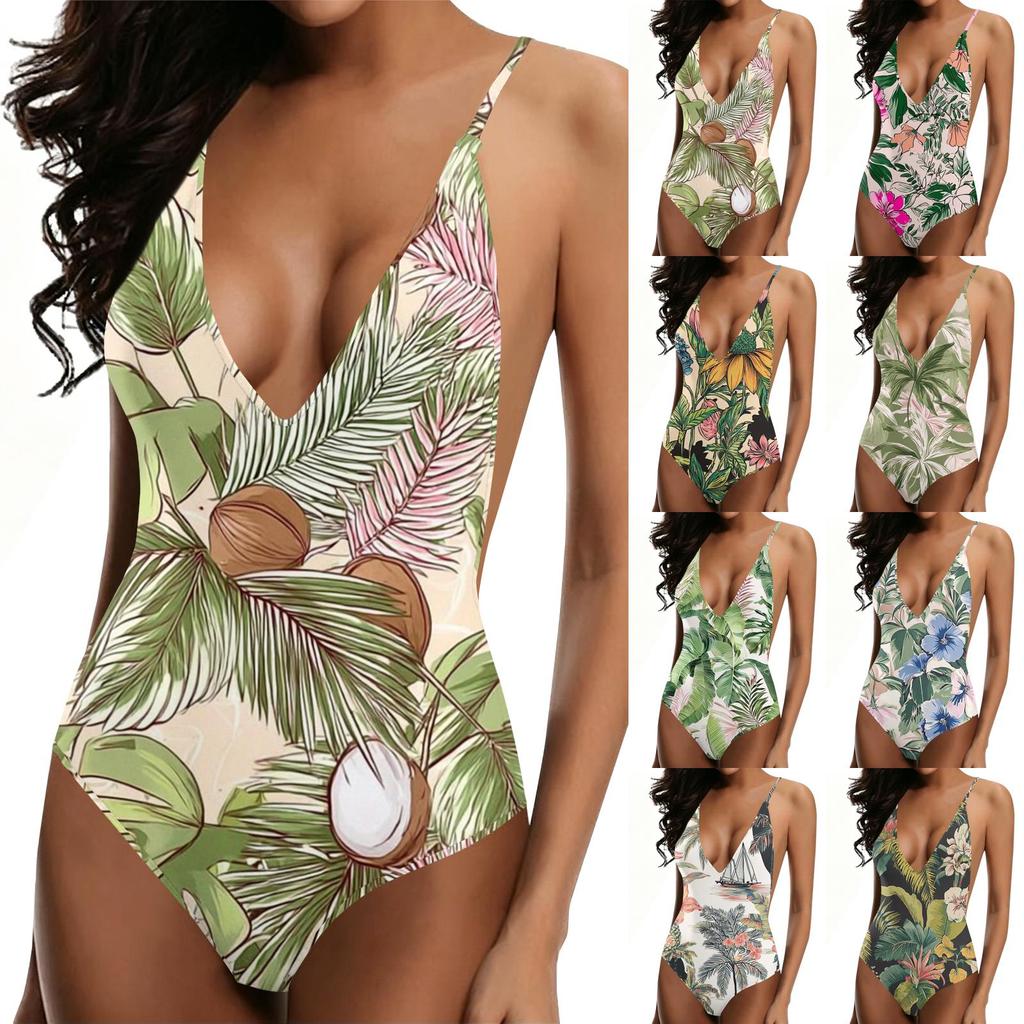 Swimsuit for Women Deep V Neck with Adjustable Straps and Botanical Print Bathing Suit Beachwear