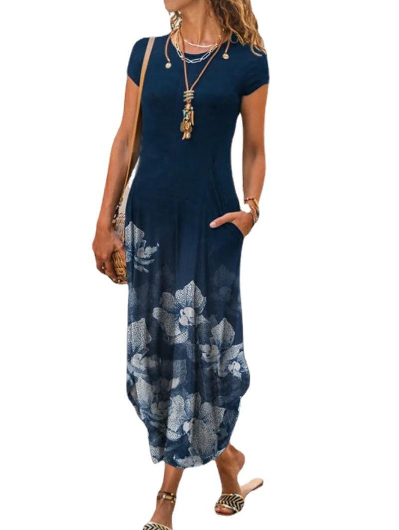 

YYFS женские модные летние весенние повседневные платья с цветочным узором и коротким рукавом с круглым вырезом и средней талией XXXL