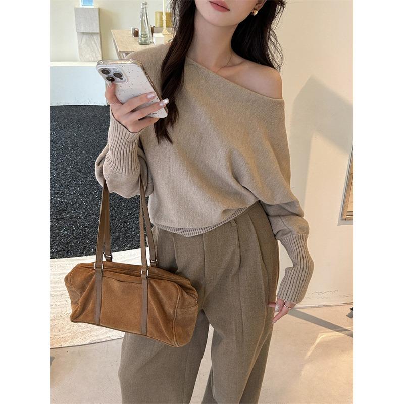 Temperament slanted shoulder one-word neck bottoming shirt women's spring relaxation loose knitted sweater with gray top inside