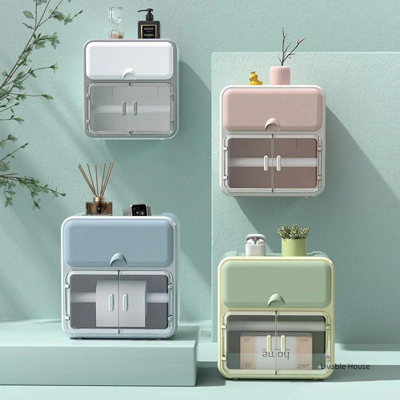 Bathroom Toilet Paper Holder Perfume Shelf Waterproof Toilet Plastics Drawer Paper Box Wall-mounted Sanitary Pad Storage Box