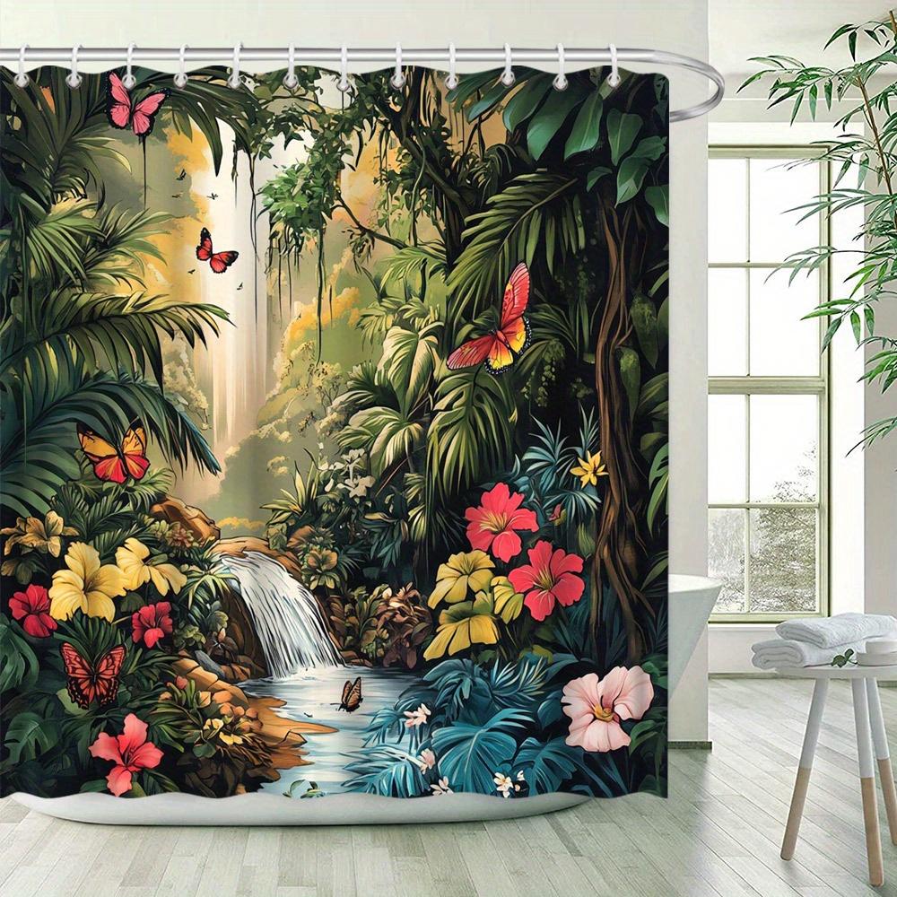 Tropical Paradise Shower Curtain - Waterproof, Mildew-Resistant With Lush Jungle Waterfall Design For Vibrant Bathroom