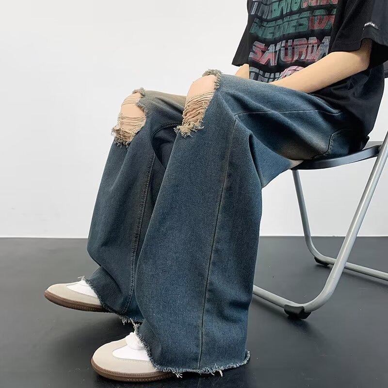 American High Street Ripped Washed Jeans Men and Women Summer New Old Couples Wide Legs Mopping Loose