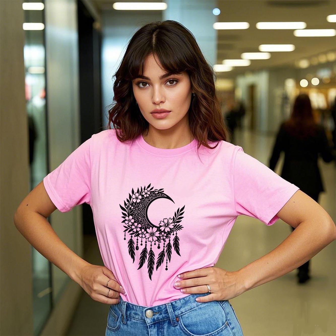 Mysterious Moon Totem Printed Short Sleeve Round Neck Womens Tshirt for Spring and Summer Versatile Womens Tshirt S