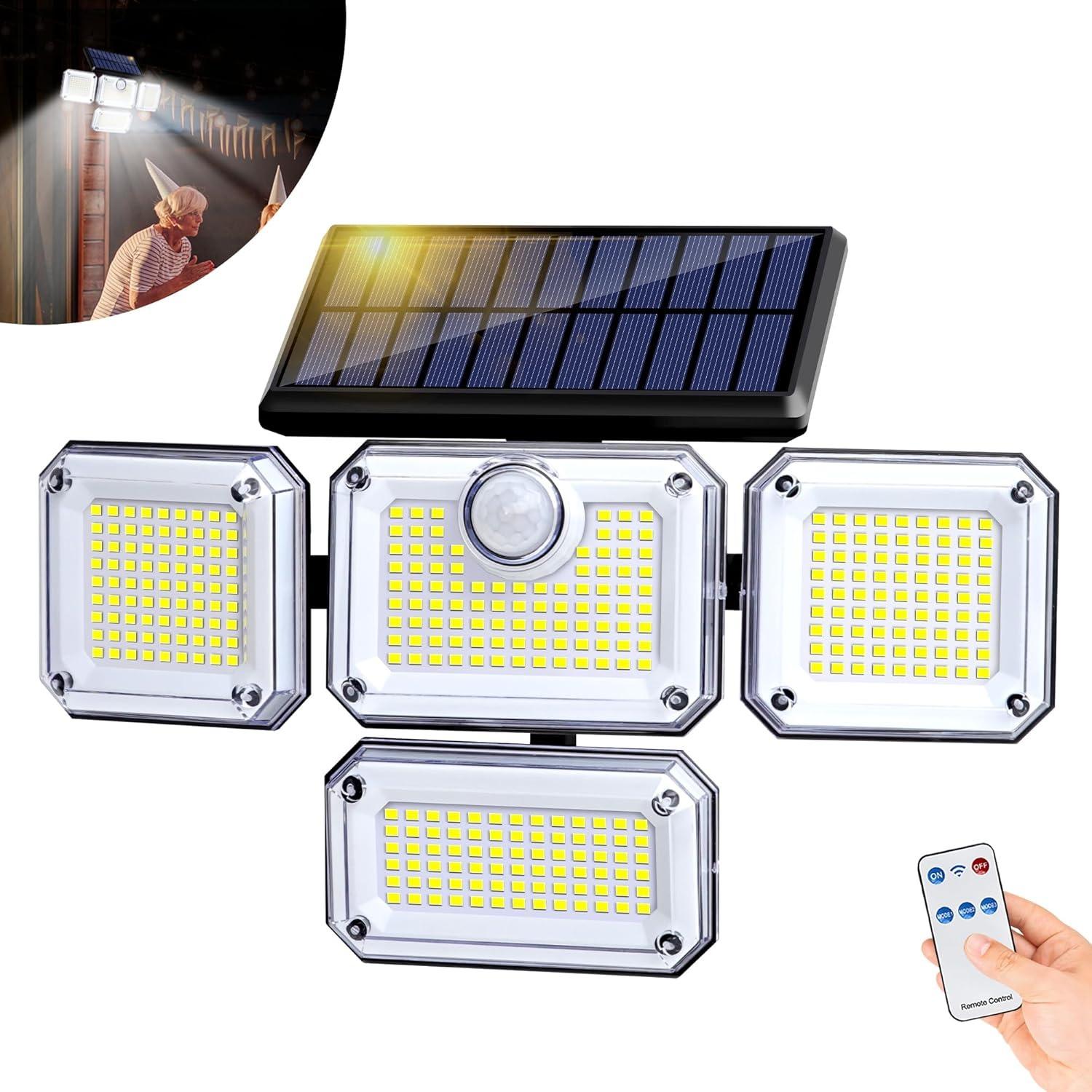 

1/2 упаковки уличных солнечных светильников 333 светодиодных охранных светильника с дистанционным управлением, 4 головки с датчиком движения, настенные светильники с 3 режимами 1Pack