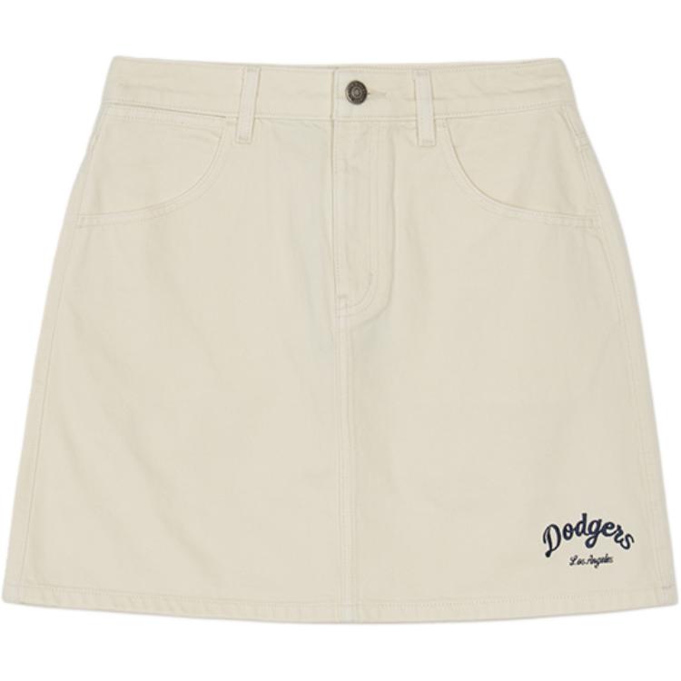 

New MLB Varsity Los Angeles Dodgers Denim Short Skirts Women s Dark Cream 3FDSV0144-07CRD M