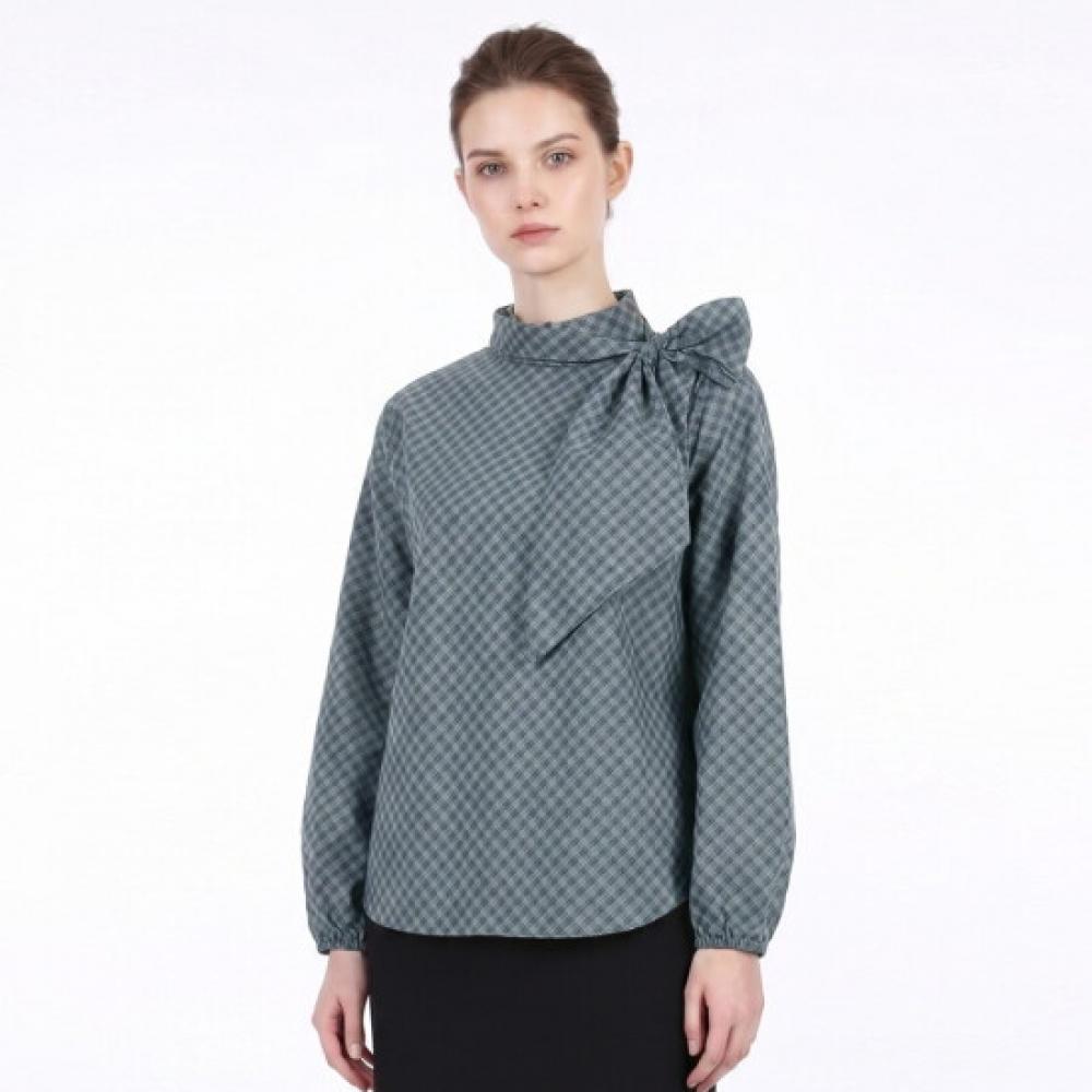 Shop Womens Korean Ruffleneck Ribboncheck Cotton100 Lsblouse Navysiu Wbl260050