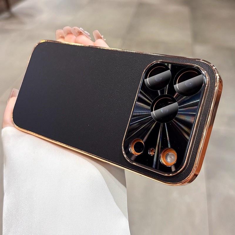 Plating Leather Texture Camera Lens Protection Phone Case For iPhone 13 14 15 16 17 Pro Max AIr Shockproof Slim Hard PC Cover