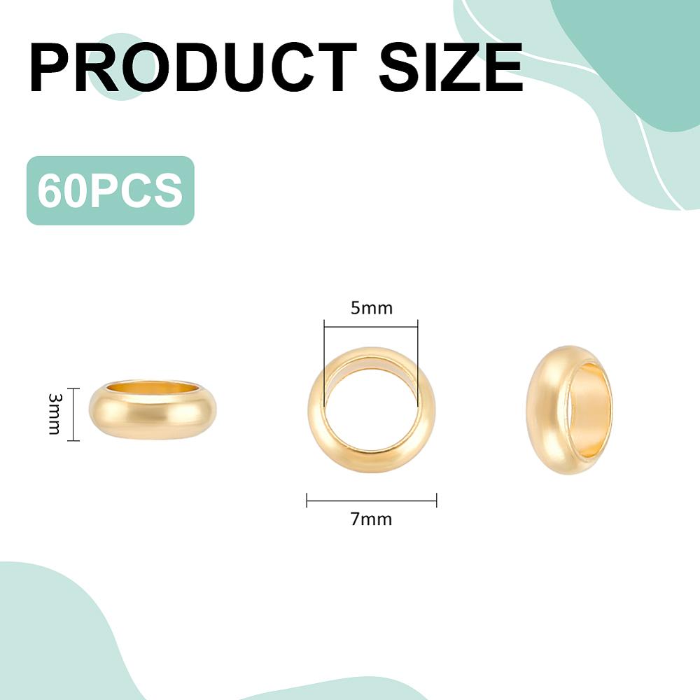 60Pcs Ring Brass Beads, Large Hole Beads, Real 18K Gold Plated, 7x3mm, Hole: 5mm