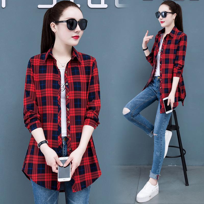 Women's Blouse Plaid Shirts Women's Long Sleeve Single Breaste Button Women's Shirt with Chest Pockets