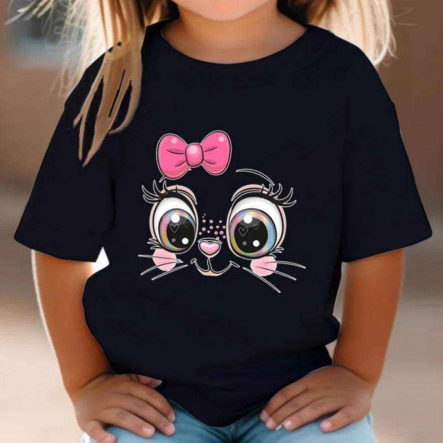 Teen Girl Clothes Pink Bow Cat Girl T-Shirt Summer Fashion Crew Neck Junior Girls' Clothing Short Sleeve Outdoor Children Top