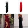 Sexy V Neck Milk Silk Sleeveless Dress With Ruffle Edge And Side Slit For Night Out