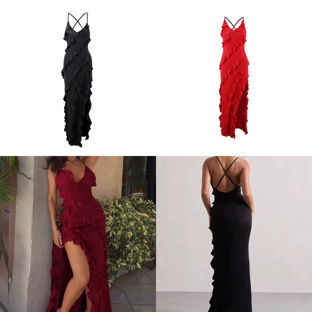 Sexy V Neck Milk Silk Sleeveless Dress With Ruffle Edge And Side Slit For Night Out