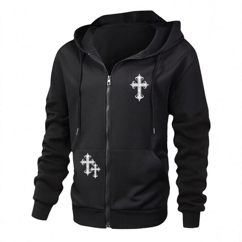 Unisex Streetwear Kapuzen-Reißverschluss-Sweatshirt Mit Kreuz-Print Lockere Passform Langarm Schwarz