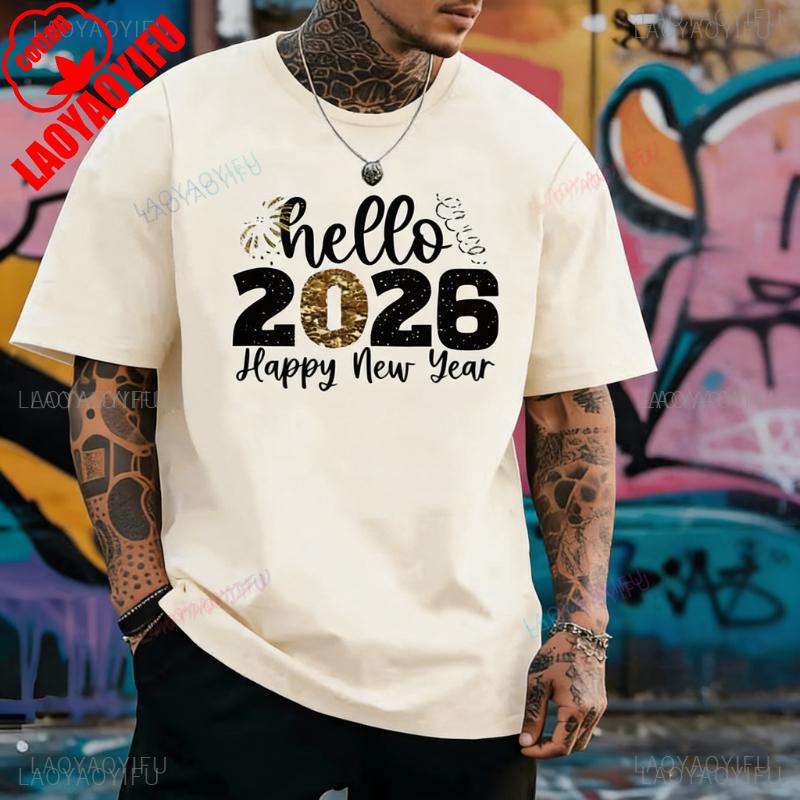2026 New Year Hello Simple Graphic TShirt Golden Lettering Casual Crew Neck Unisex Tee Fashion Leisure Allmatch Shortsleev