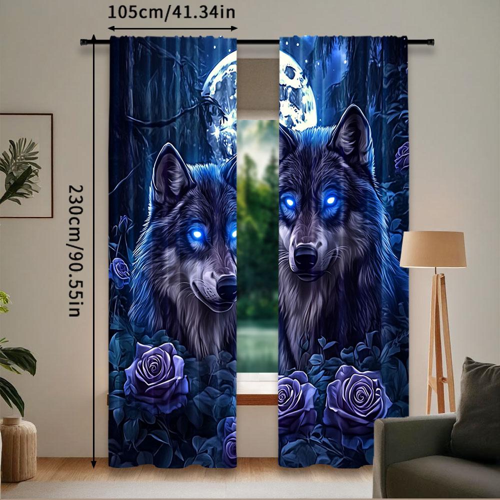 2Pcs Wolf With Rose In The Forest Under The Full Moon Print Curtains Suitable For Bedroom Bathroom Living Room Dining Room Study