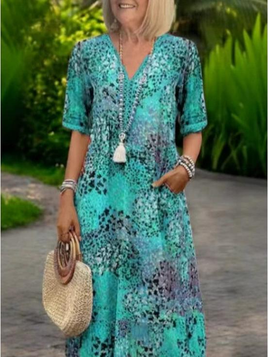 2026 European and American Fashion: Printed V-neck Lace Trim Short Sleeve Dress M зелёный