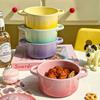 Gradient Color Ceramic Stew Pot with Lid, Double-Ear Design, Egg Steaming Bowl, Double Boiler, Microwave Safe Baking Bowl for Household Use