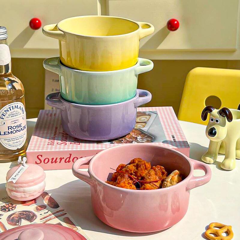 Gradient Color Ceramic Stew Pot with Lid, Double-Ear Design, Egg Steaming Bowl, Double Boiler, Microwave Safe Baking Bowl for Household Use