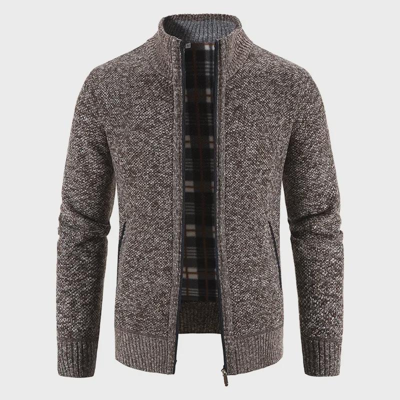 Velvet Thickened Full-Zip Cardigan Sweater with Stand Collar - Large Size, Perfect for Autumn and Winter Warmth