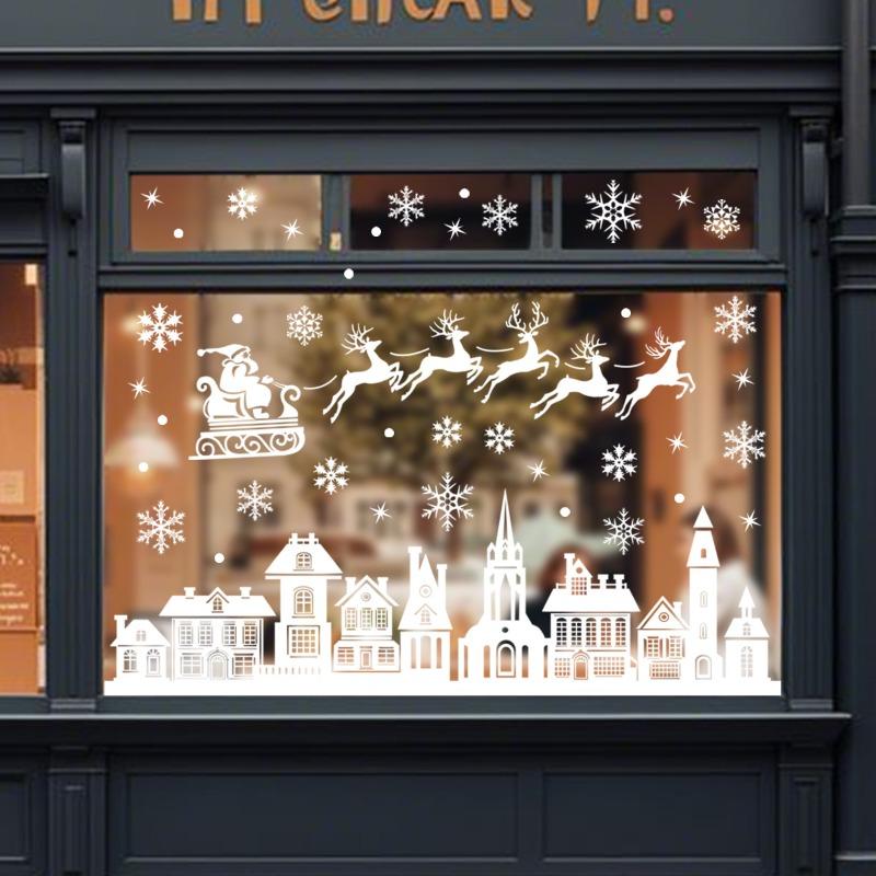 2026 New Static Christmas Window Stickers White Santa House Scene Non-Trace Removable Decals for Glass Home Party Decor