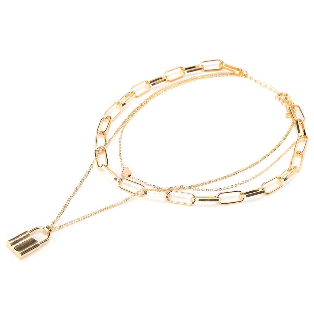 Women Simple Layered Necklace Lock Heart Shaped Pendant Necklace Jewelry Accessory(Golden )