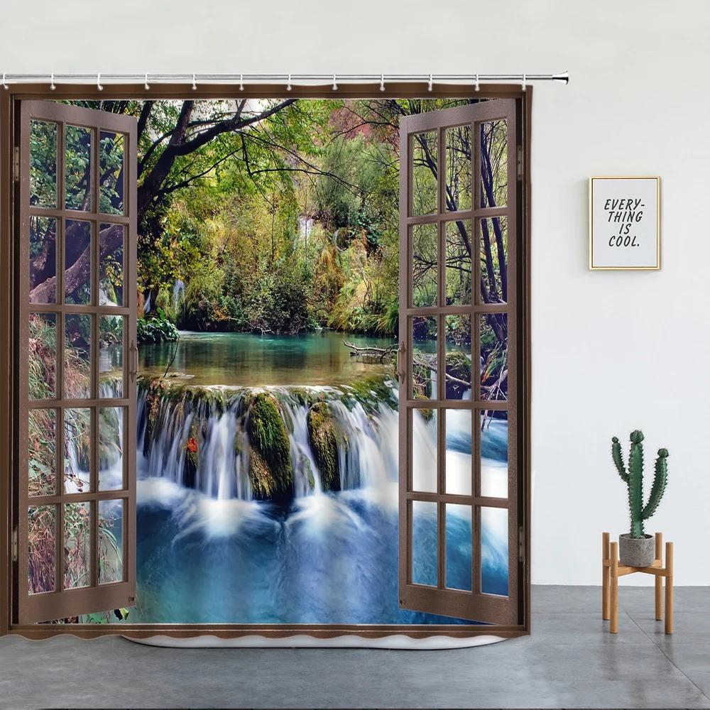 Landscape Waterfall Shower Curtain Tropical Jungle Plant Water Green Waterproof Curtains Nature Scenery Bathroom Decor Set Hooks