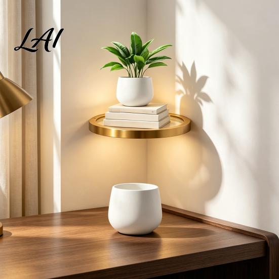 Small Collectibles Wall Mount Floating Shelf with LED Light Modern Gold Metal Display Rack Accent for Entryway Plants Book Space Saving Mounted