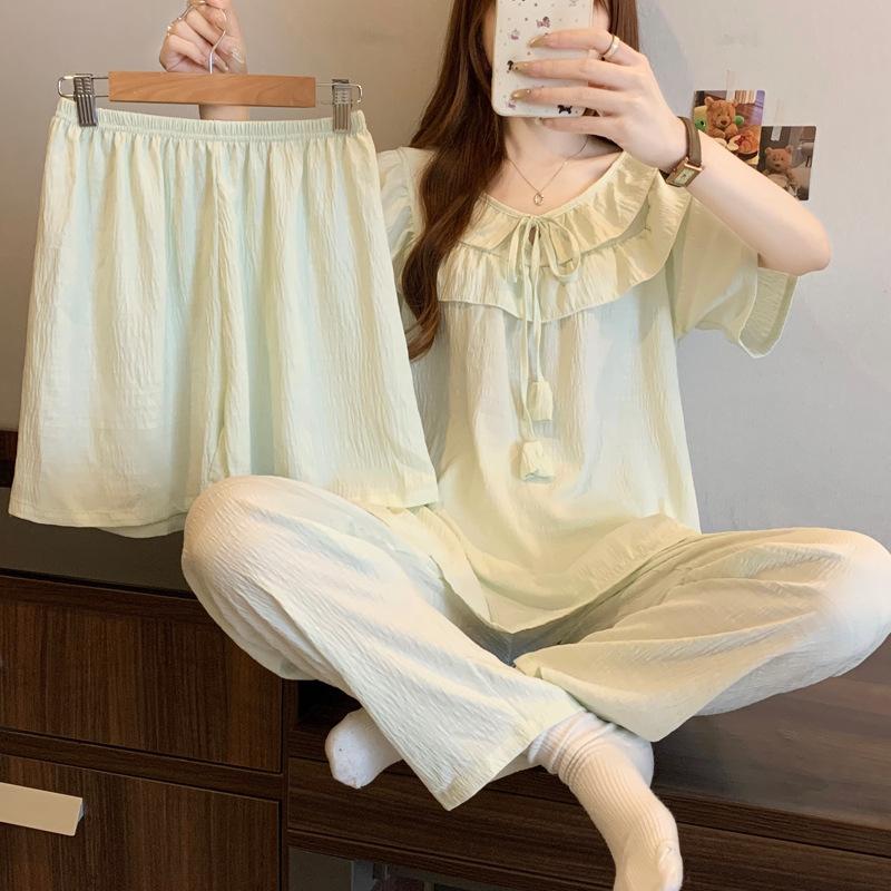 Princess Purple White Pajamas Women'S Summer Thin Short-Sleeved High-Value Loungewear Cloud Cotton Three-Piece Set