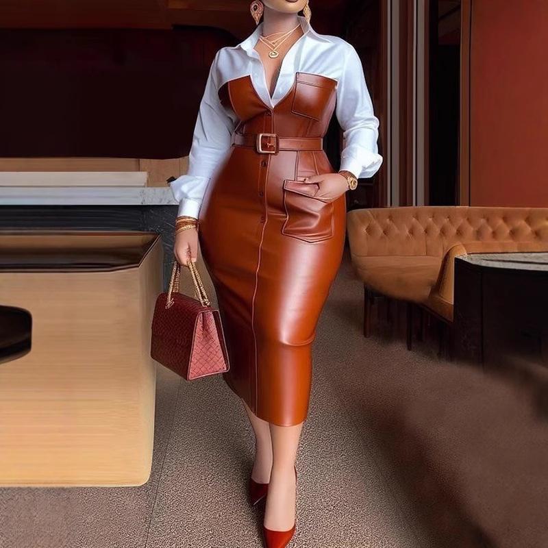 Womens Dresses Shirt PU Skirt Autumn Buttons Long Sleeve Patchwork Pocket Skinny Belted Lapel Female Dress