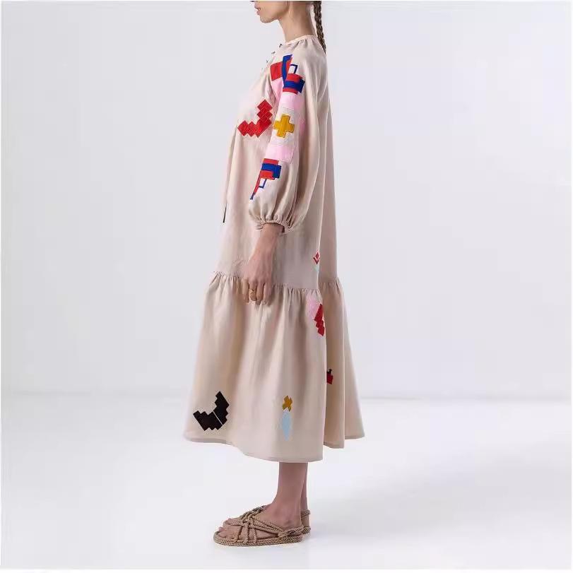 2024 New Autumn/Winter Loose Printed Casual Lantern Sleeve Dress for Women