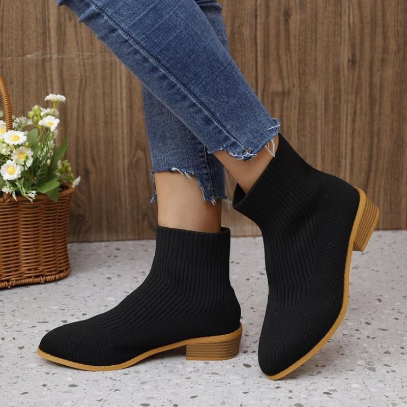 Martin boots women's new large size women's boots four seasons pointed fly-woven sleeve short boots women's thick heel boots