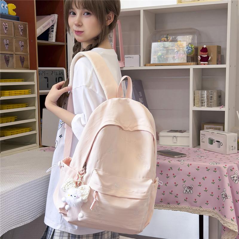 Cute Butterfly Embroidered School Backpack with Front Pocket Casual Daypack for Girls Daily Use