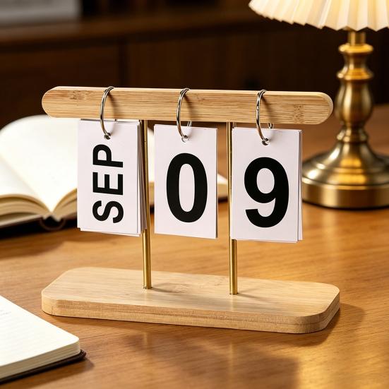 Wooden Perpetual Desk Calendar Daily Desktop Standing Flip Calendar with Day