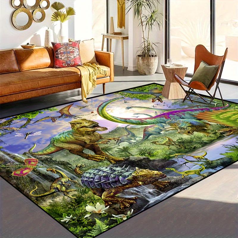 Dinosaur World 3D Rug for Kids' Playroom Jurassic AdventureCarpetwithPrehistoricCreatures Anti Slip Carpet Can Be Machine Washed