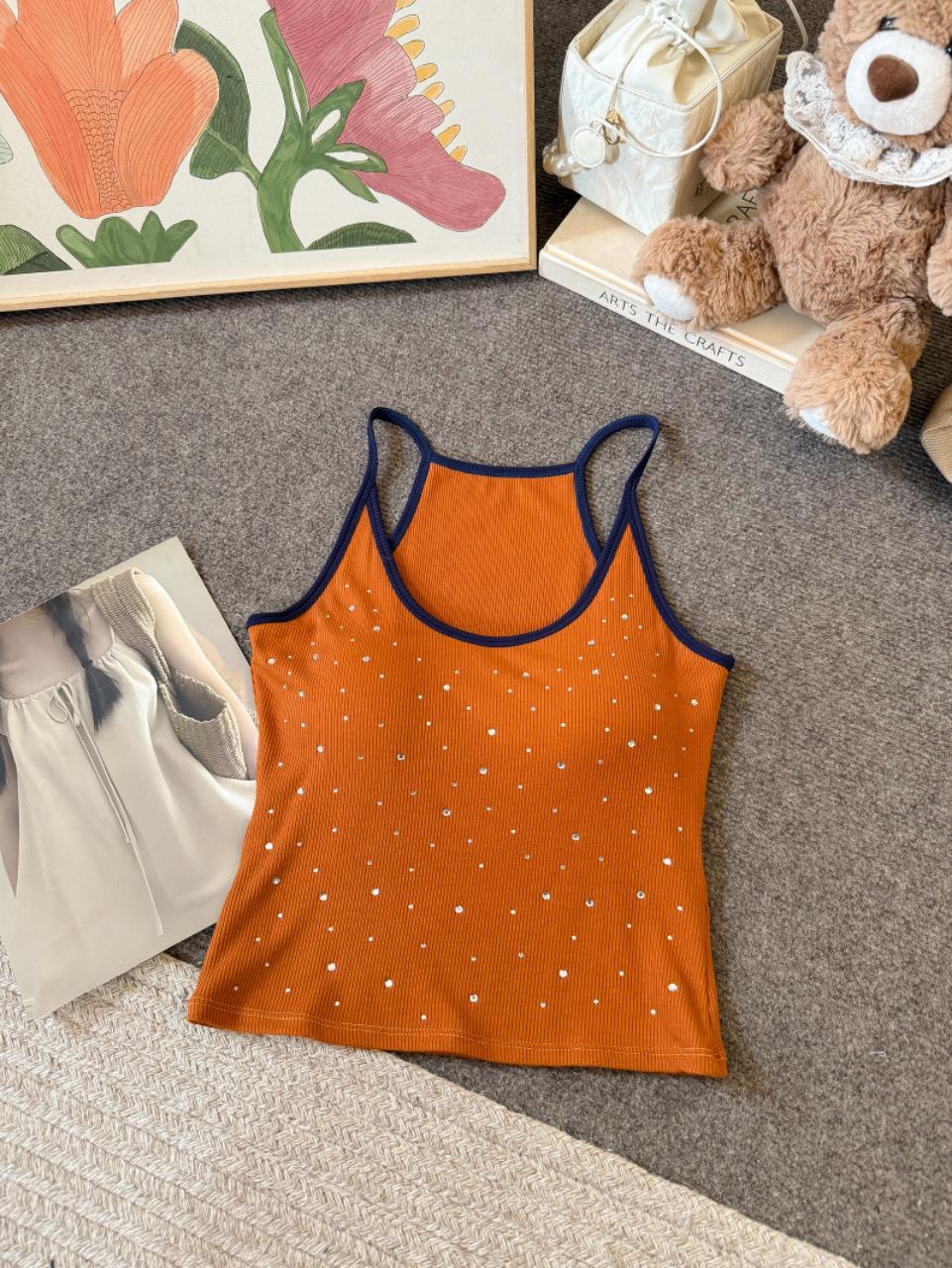 American Spicy Rhinestone Halter Crop Top with Built-in Bra One Size (40-60 kg) оранжевый