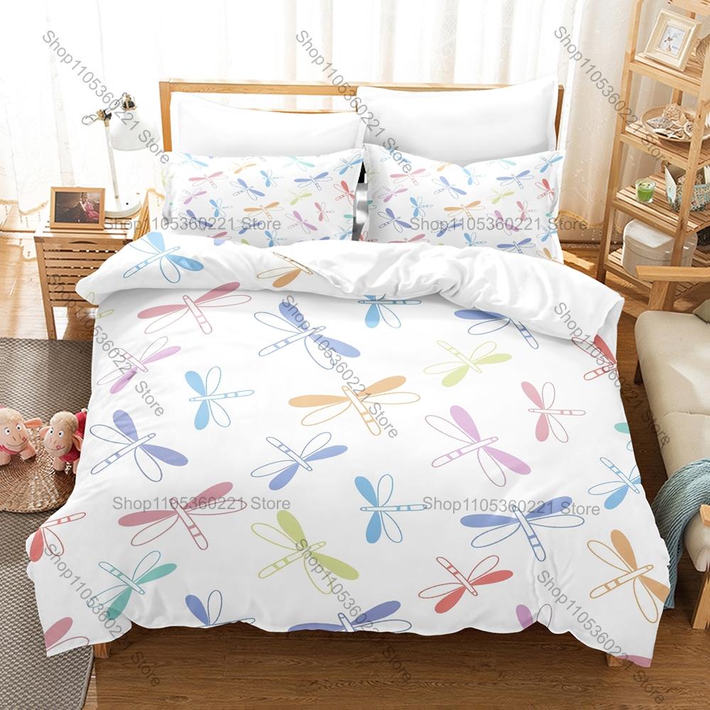 Cute Cartoon Dragonfly 3 Piece Bedding Set Soft Microfiber Duvet Cover Set with Pillowcases for Kids Bedroom Decor All Season