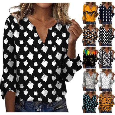 Damen Oberteil Locker Lässig V-Ausschnitt Halloween Bedruckte Blusen Glocken 3/4 Ärmel T-Shirt