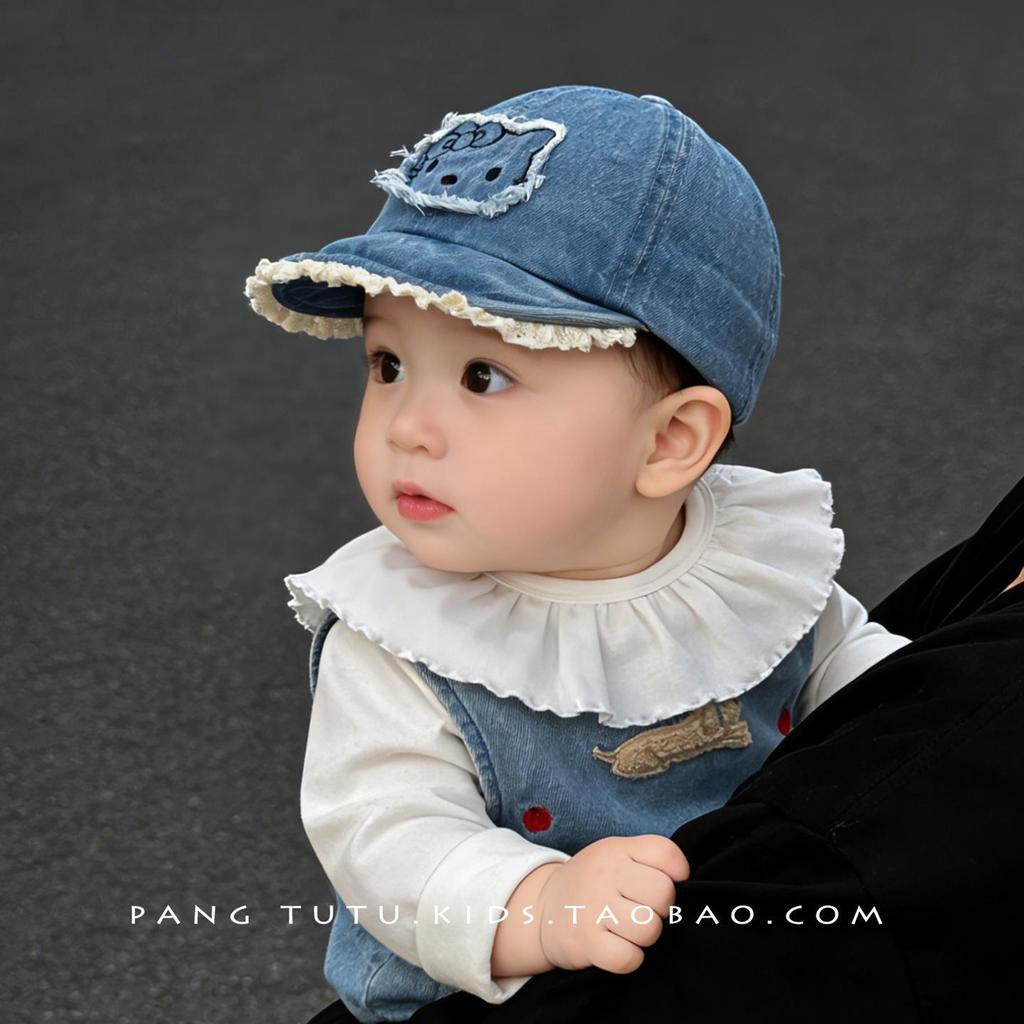 Chapéu de Bebê Jeans Gatinho Fofo - Boné com Aba Macia para Proteção Solar de Crianças Pequenas na Primavera e Outono