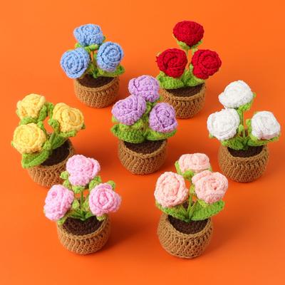 Crochet Rose Flowers Potted  Knitted Flower  Creative Artificial Flower Sunflowers Table Decor Crochet Pot Plant