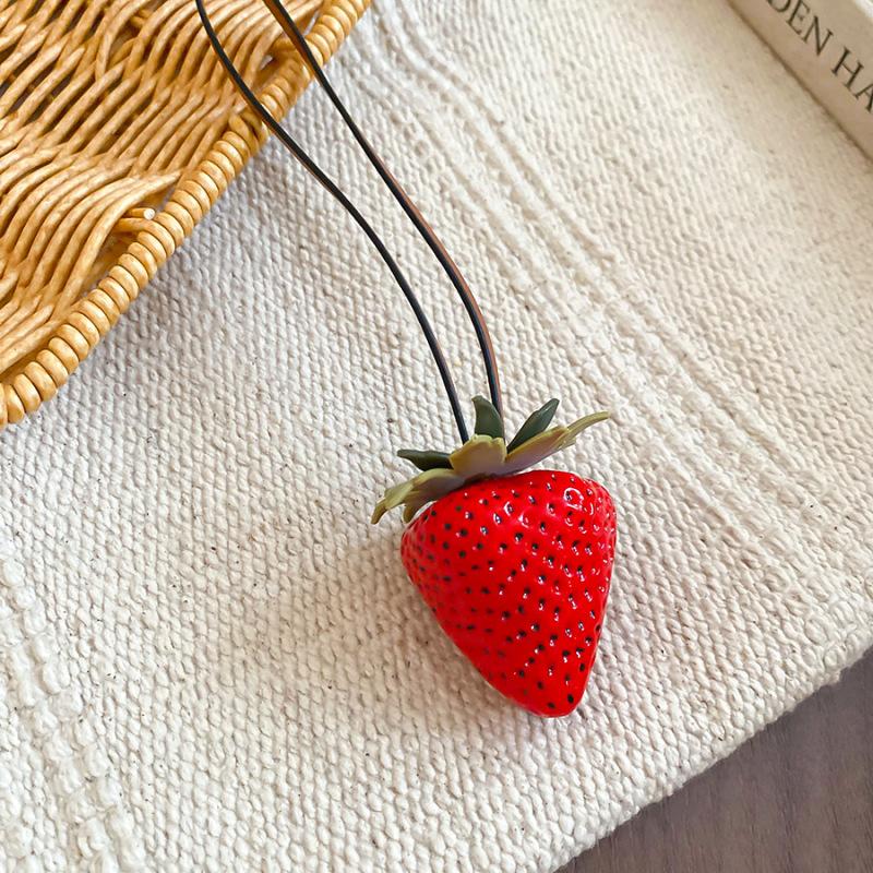 Creative Leather Resin Strawberry Pendant Sweater Chain Vacation Style Niche Unique Necklace